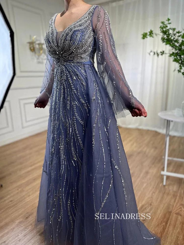 A-line V neck Long Sleeve Beaded Prom Dresses Unique Evening Gowns LA72099