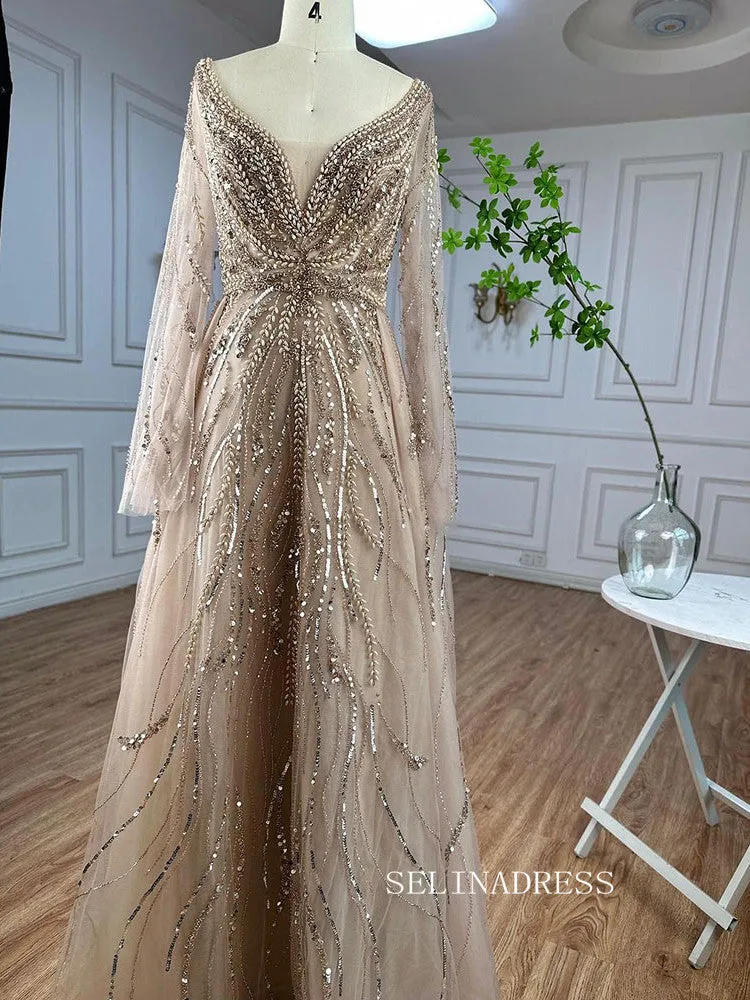 A-line V neck Long Sleeve Beaded Prom Dresses Unique Evening Gowns LA72099
