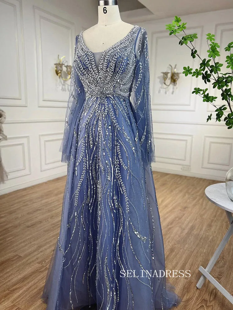 A-line V neck Long Sleeve Beaded Prom Dresses Unique Evening Gowns LA72099