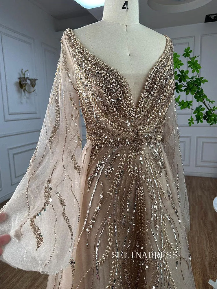 A-line V neck Long Sleeve Beaded Prom Dresses Unique Evening Gowns LA72099