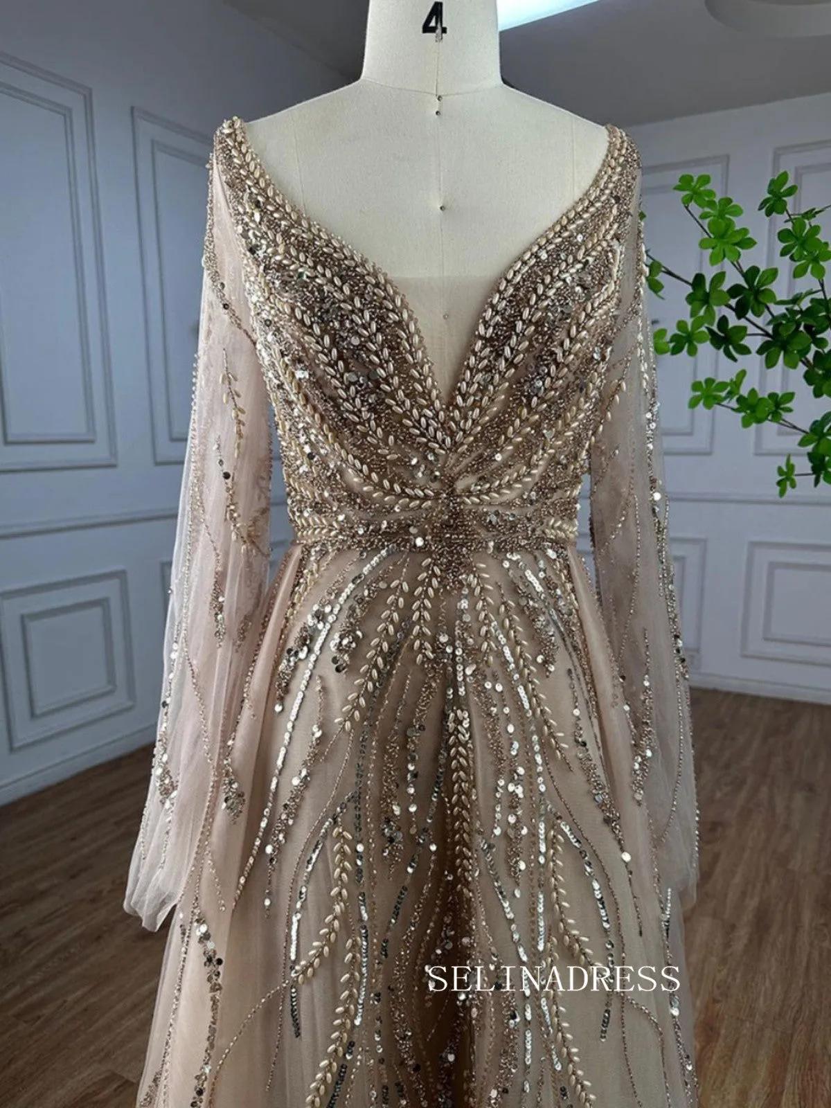 A-line V neck Long Sleeve Beaded Prom Dresses Unique Evening Gowns LA72099
