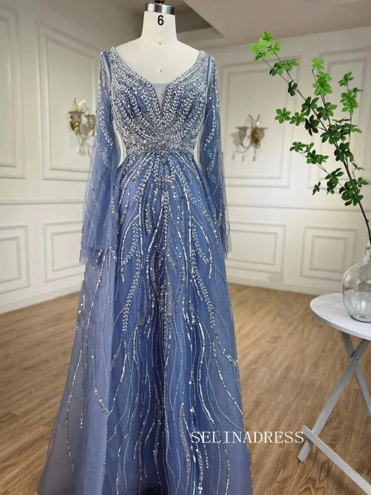 A-line V neck Long Sleeve Beaded Prom Dresses Unique Evening Gowns LA72099