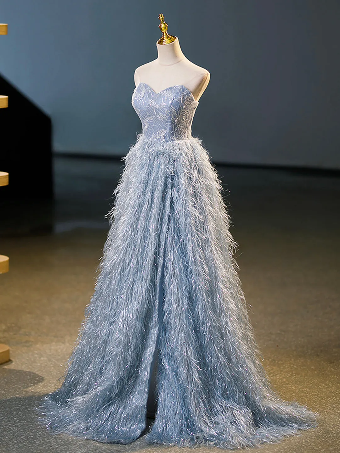 Blue A-Line Strapless Floor Length Prom Dress Blue Evening Party Dress