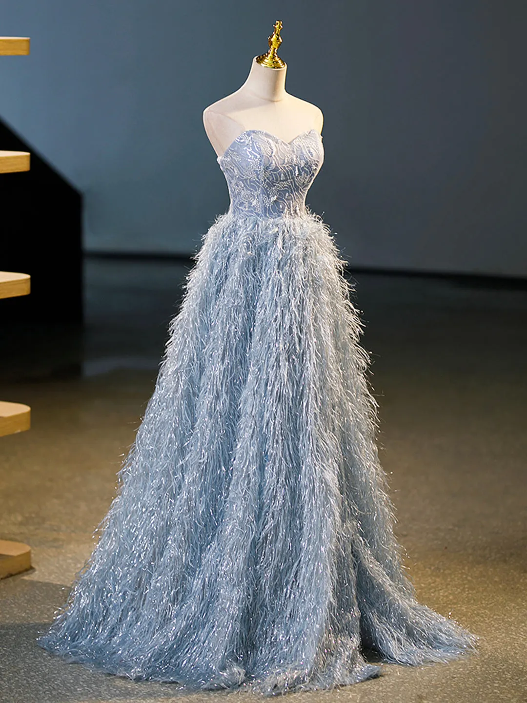 Blue A-Line Strapless Floor Length Prom Dress Blue Evening Party Dress