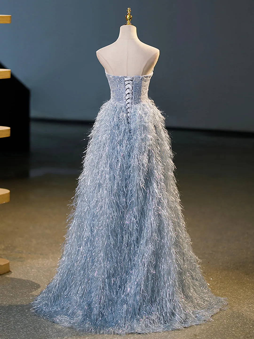 Blue A-Line Strapless Floor Length Prom Dress Blue Evening Party Dress