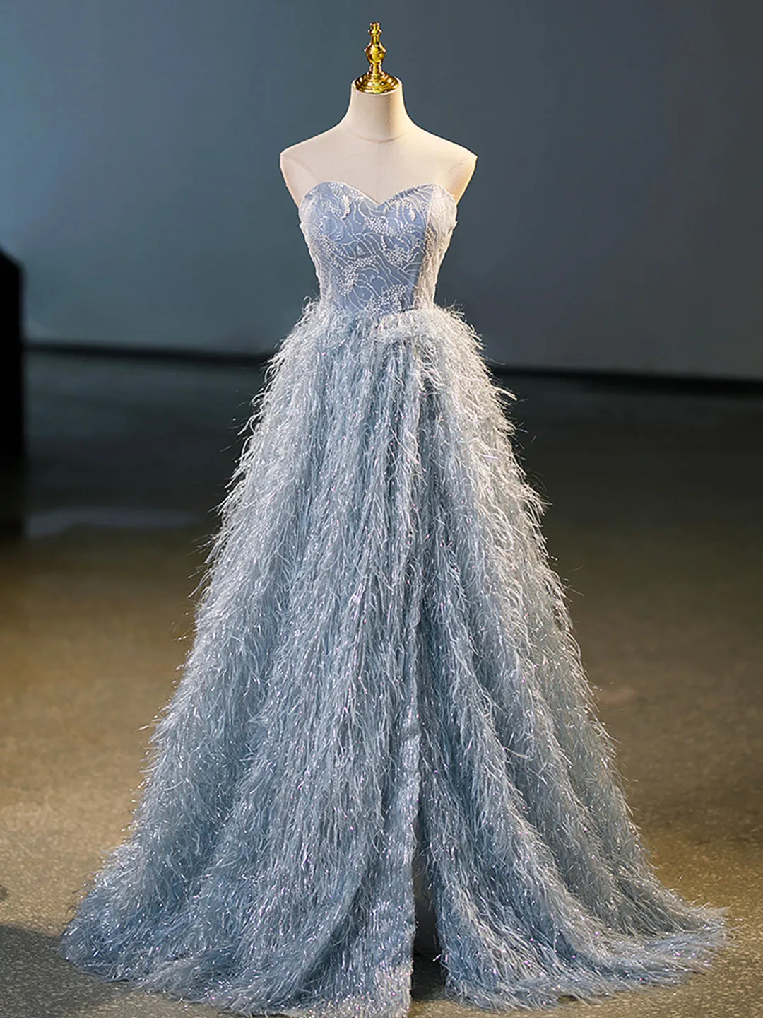 Blue A-Line Strapless Floor Length Prom Dress Blue Evening Party Dress