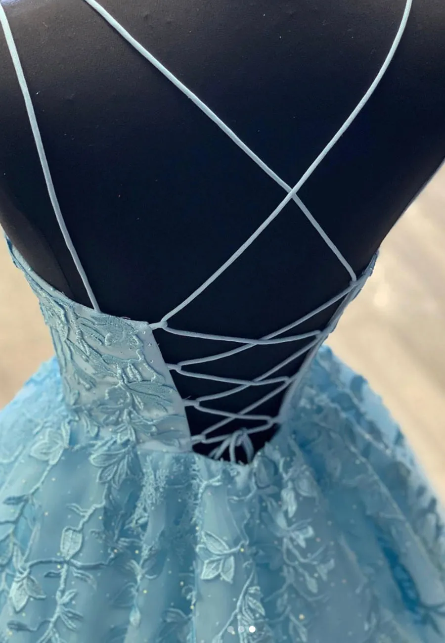 Blue Lace Long Prom Dresses A-Line Formal Evening Dresses
