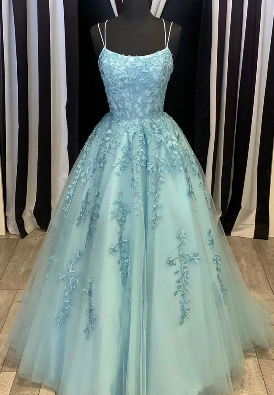 Blue Lace Long Prom Dresses A-Line Formal Evening Dresses