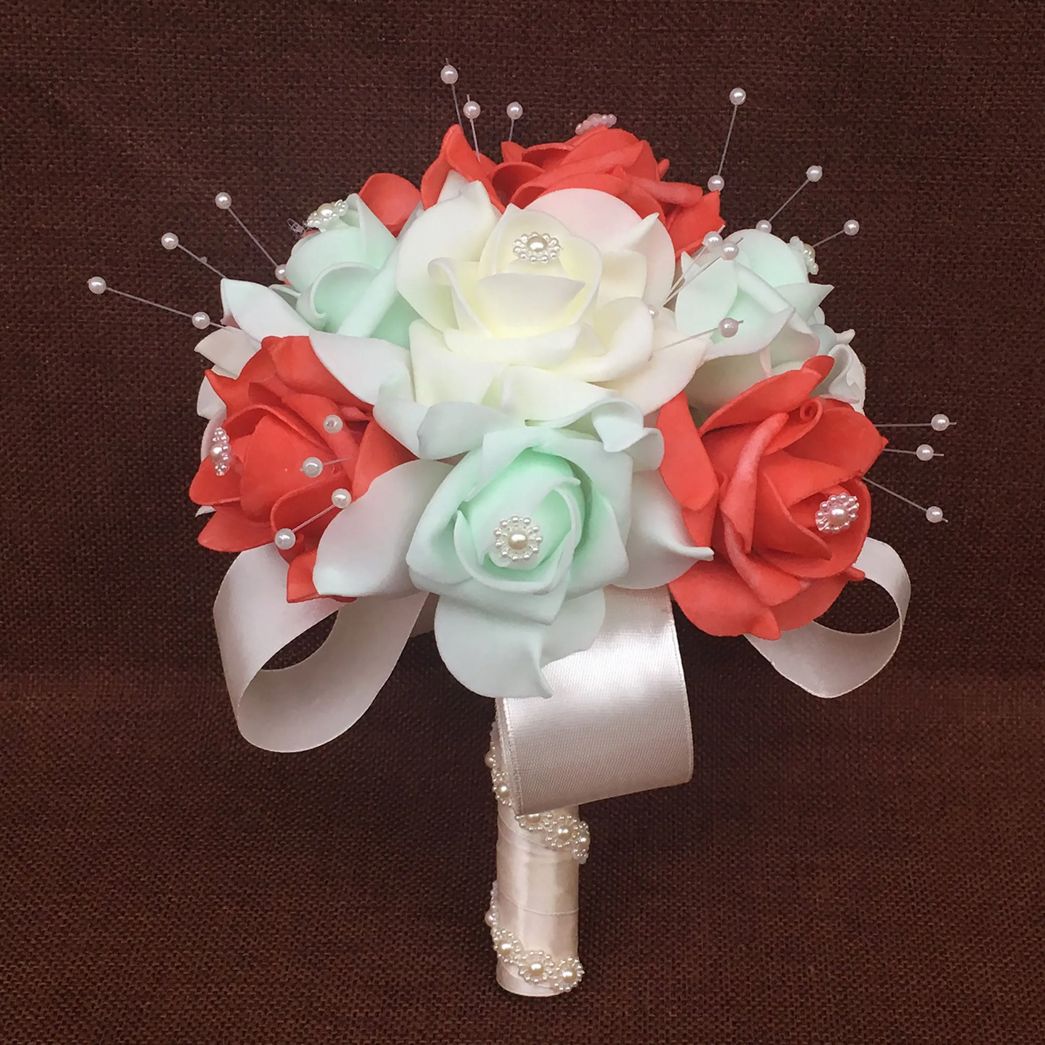 Coral Mint Ivory Flower Bouquet Artificial Bridesmaid Bouquet