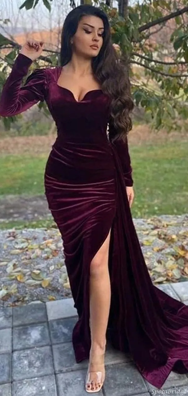 Elegant Burgundy Velvet V-neck Long Sleeves Side-slit Mermaid Long Train Prom Dress