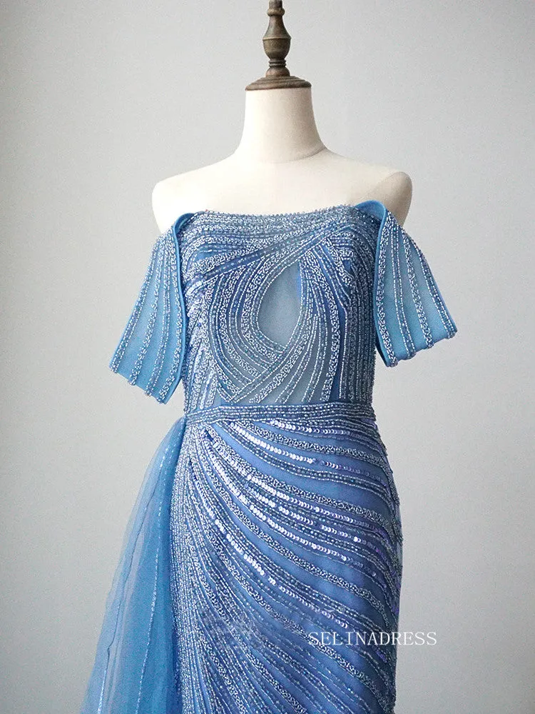 Elegant Strapless Blue Long Prom Dress Sparkly Beaded Long Evening Dress Formal Gown FUE013
