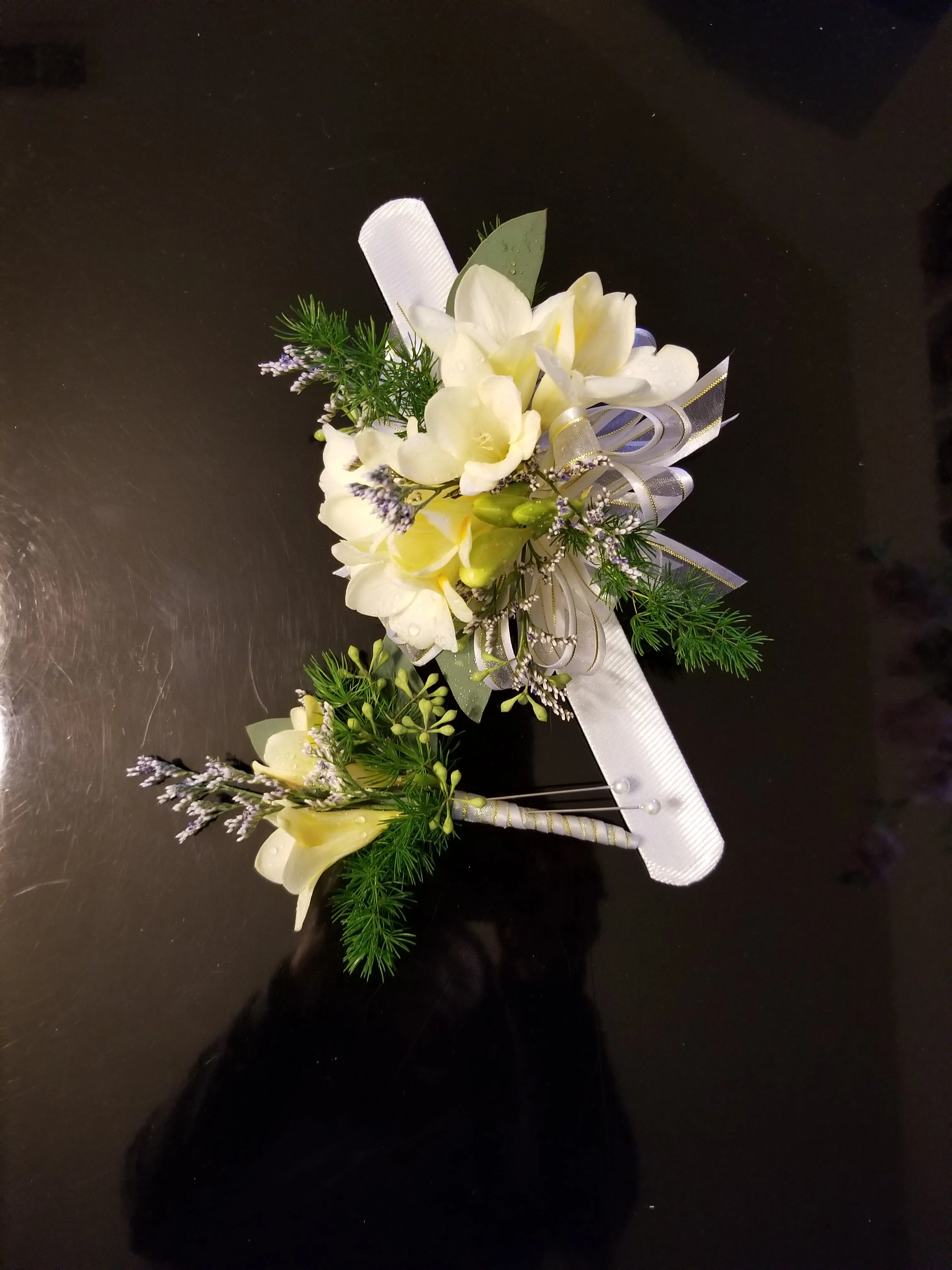 Freesia Flowers Wrist Corsage and Boutonniere