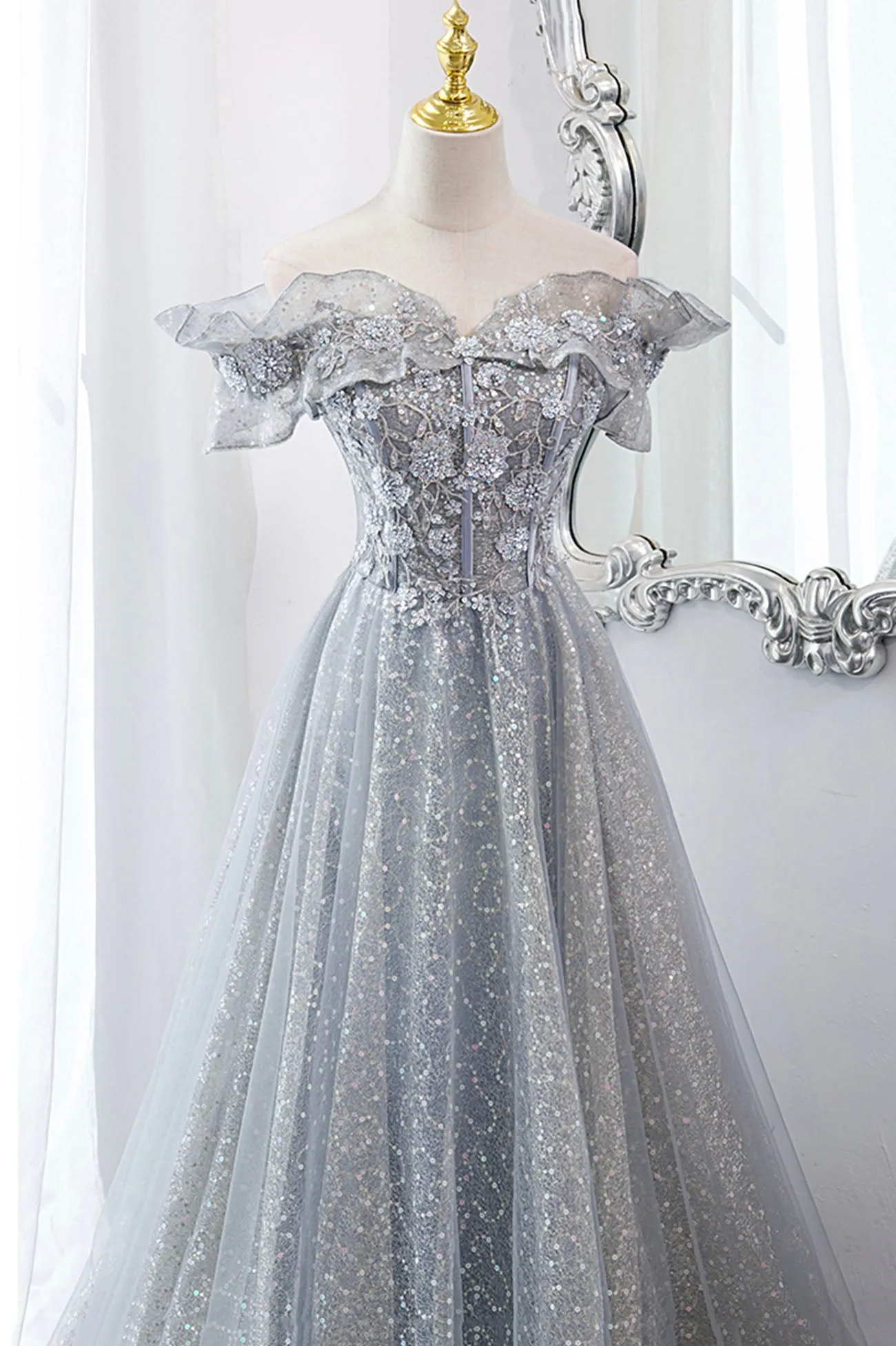 Gray Tulle Lace Long Prom Dresses A-Line Sequins Evening Dresses