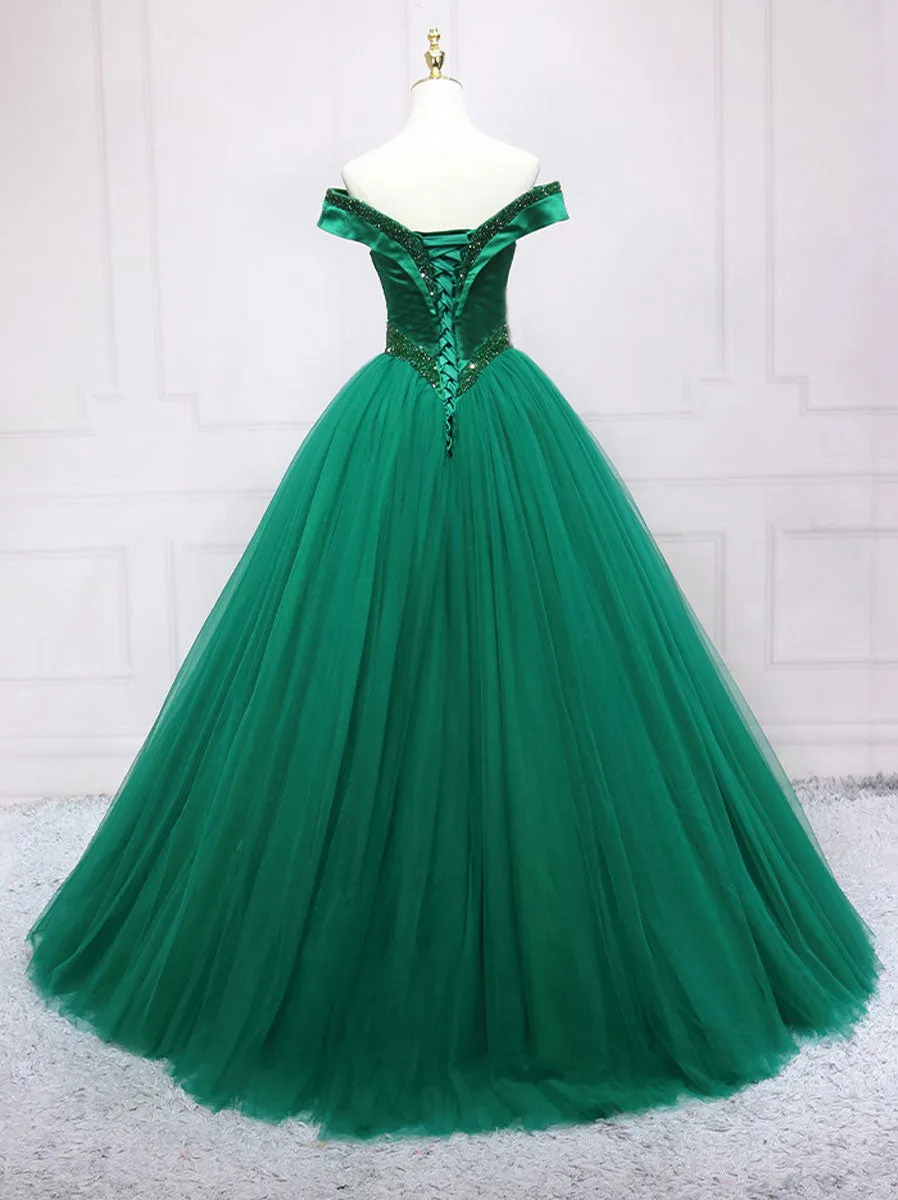 Green Tulle Off Shoulder Tulle Beads Long Prom Dress, Green Formal Graduation Dresses