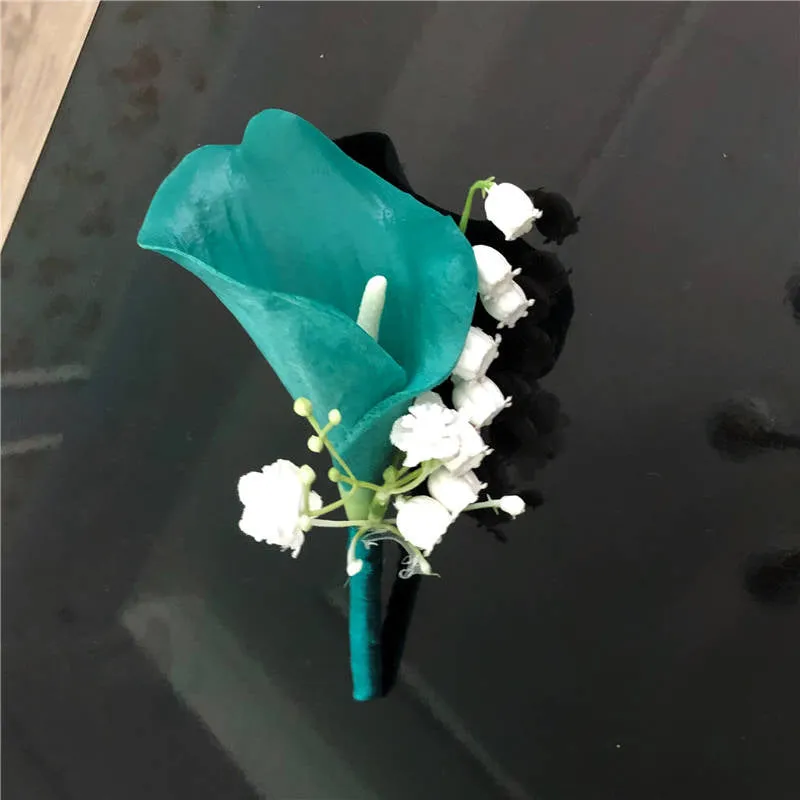 Groom Corsage Teal Calla Lily Boutineer Lily of the Valley