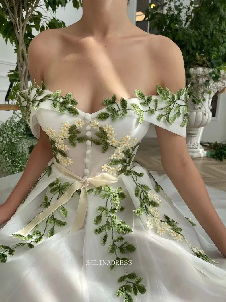 Ivy Leaf Floral Wedding Dress Tea Length Off The Shoulder Prom Dresses Princess Evening Gowns POL016