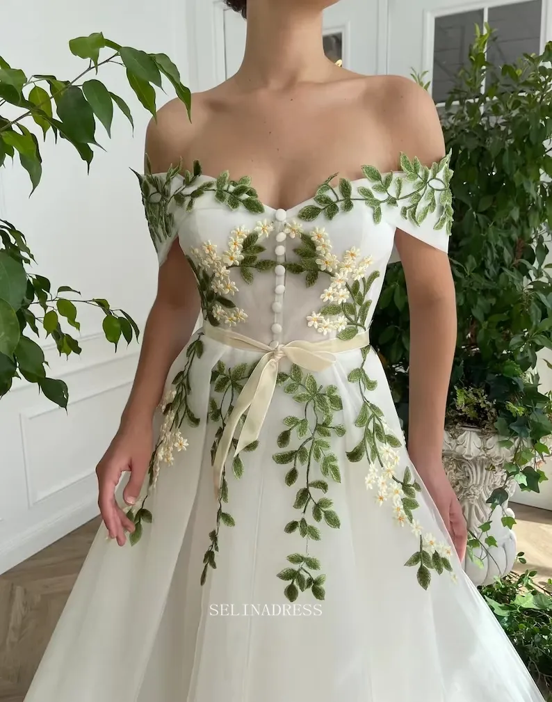 Ivy Leaf Floral Wedding Dress Tea Length Off The Shoulder Prom Dresses Princess Evening Gowns POL016