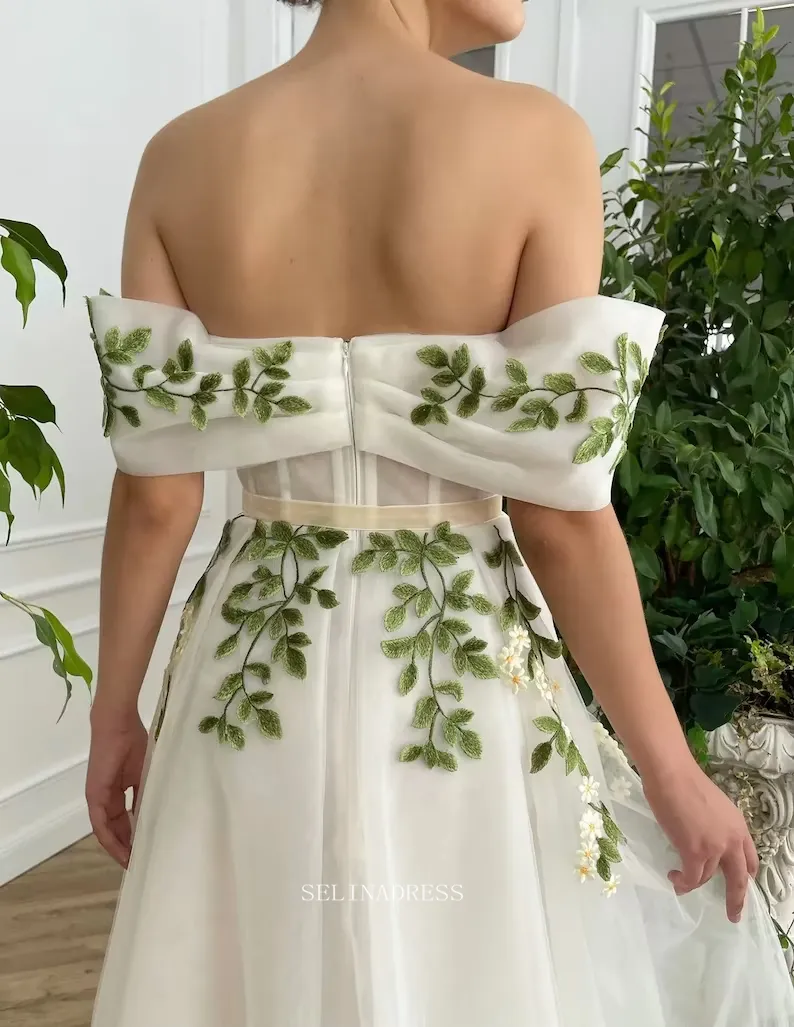 Ivy Leaf Floral Wedding Dress Tea Length Off The Shoulder Prom Dresses Princess Evening Gowns POL016