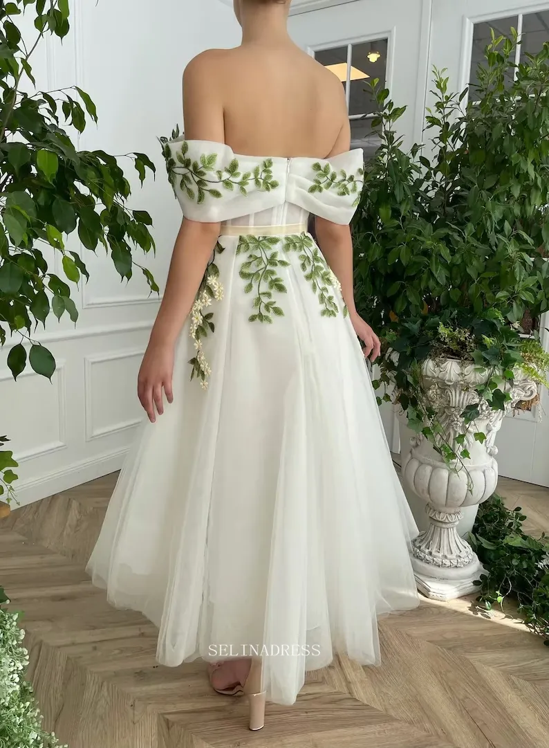Ivy Leaf Floral Wedding Dress Tea Length Off The Shoulder Prom Dresses Princess Evening Gowns POL016