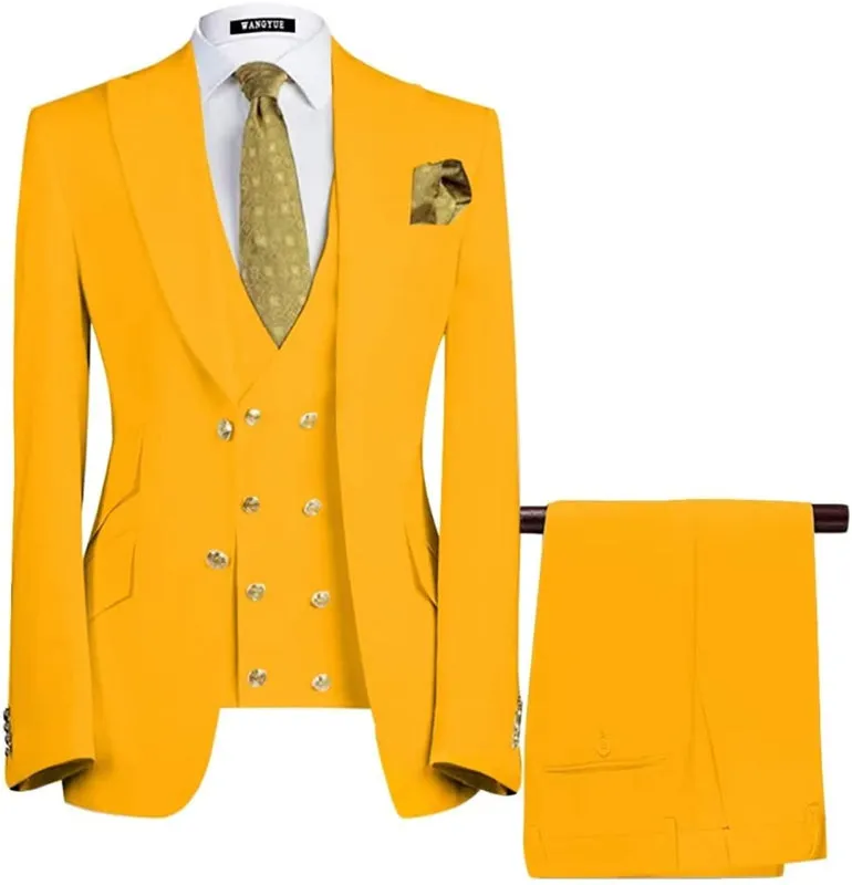 Modern Yellow Three Pieces Peaked Lapel Prom Suits Double Breasted Casual Blazer Vest Pants
