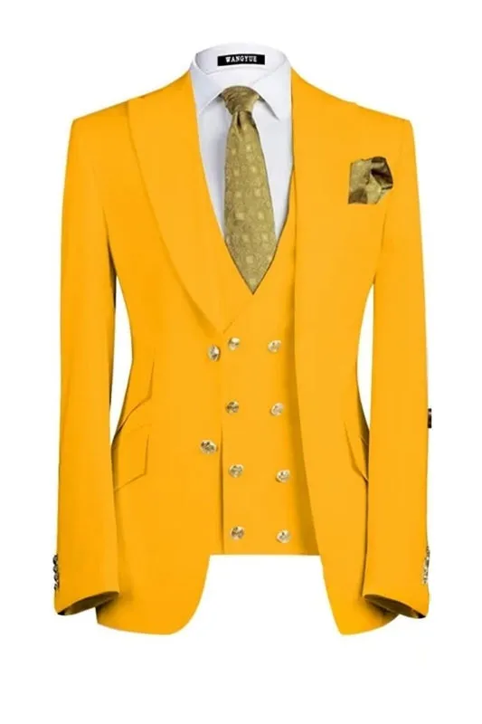 Modern Yellow Three Pieces Peaked Lapel Prom Suits Double Breasted Casual Blazer Vest Pants