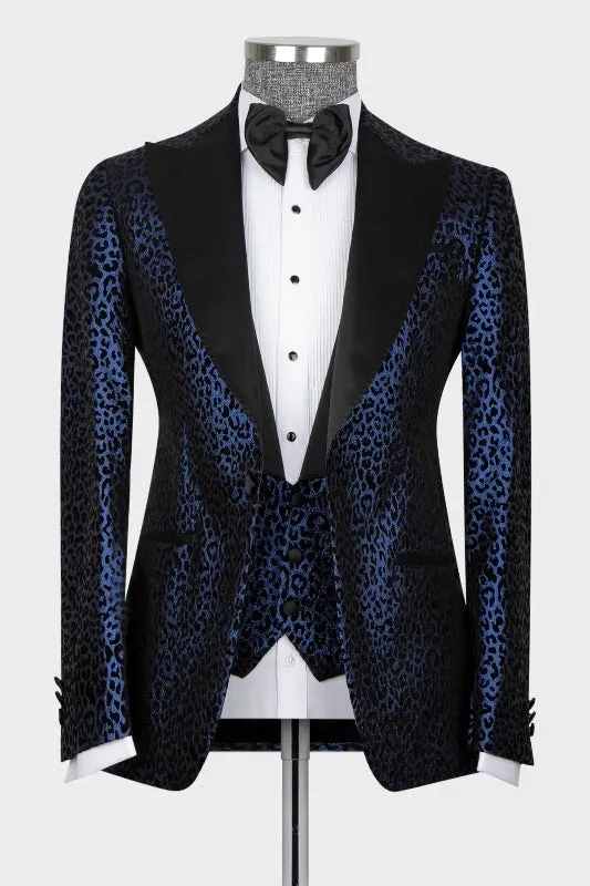 Navy Blue Peaked Lapel Three Pieces Patterned Glitter Tuxedo