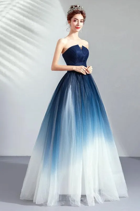 Ombre Strapless A Line Long Prom Dress, Blue Ombre Graduation Dress with Lace Up Back