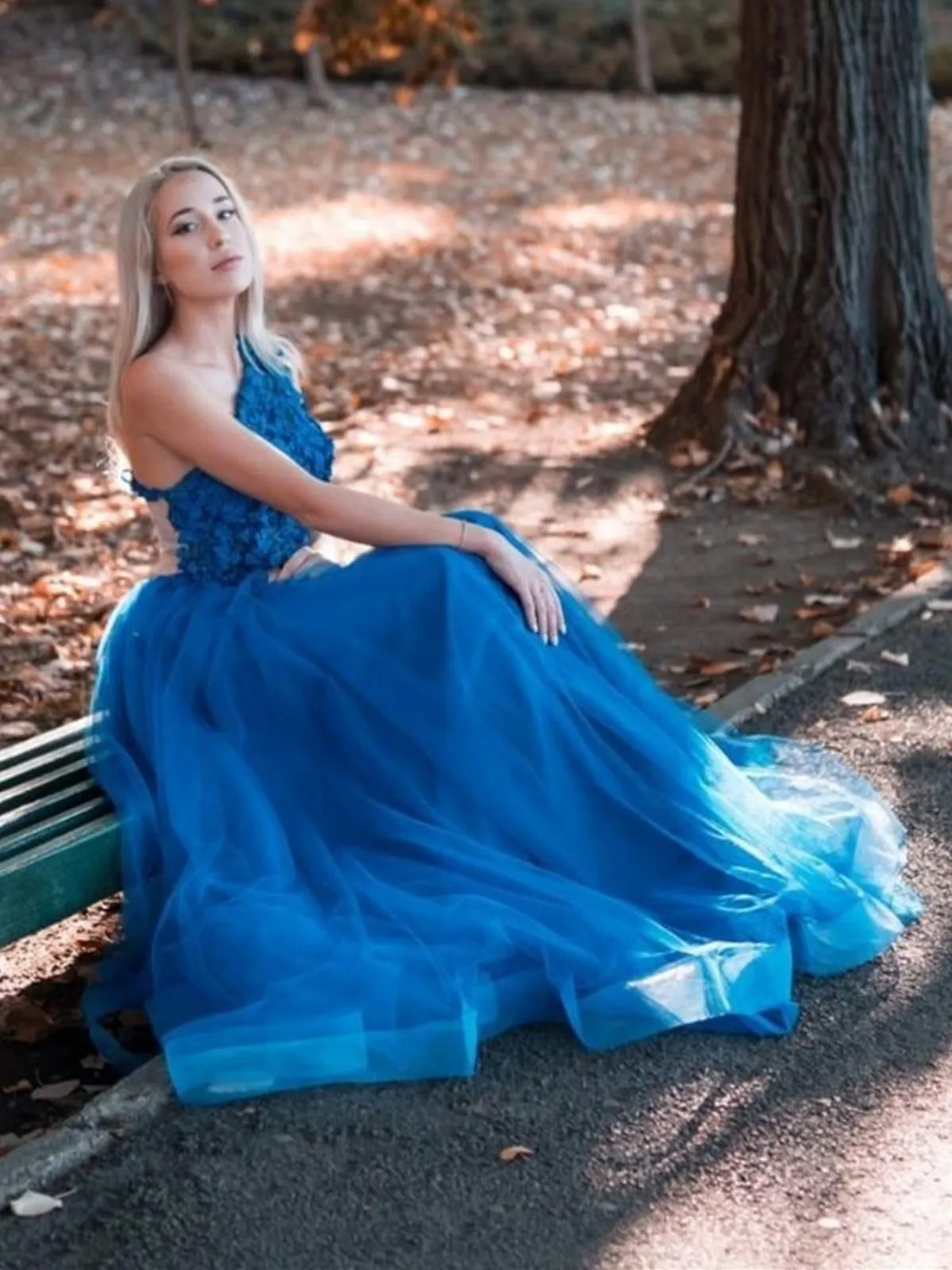 One Shoulder Blue Lace Long Prom Dresses, One Shoulder Blue Formal Dresses, Blue Lace Evening Dresses