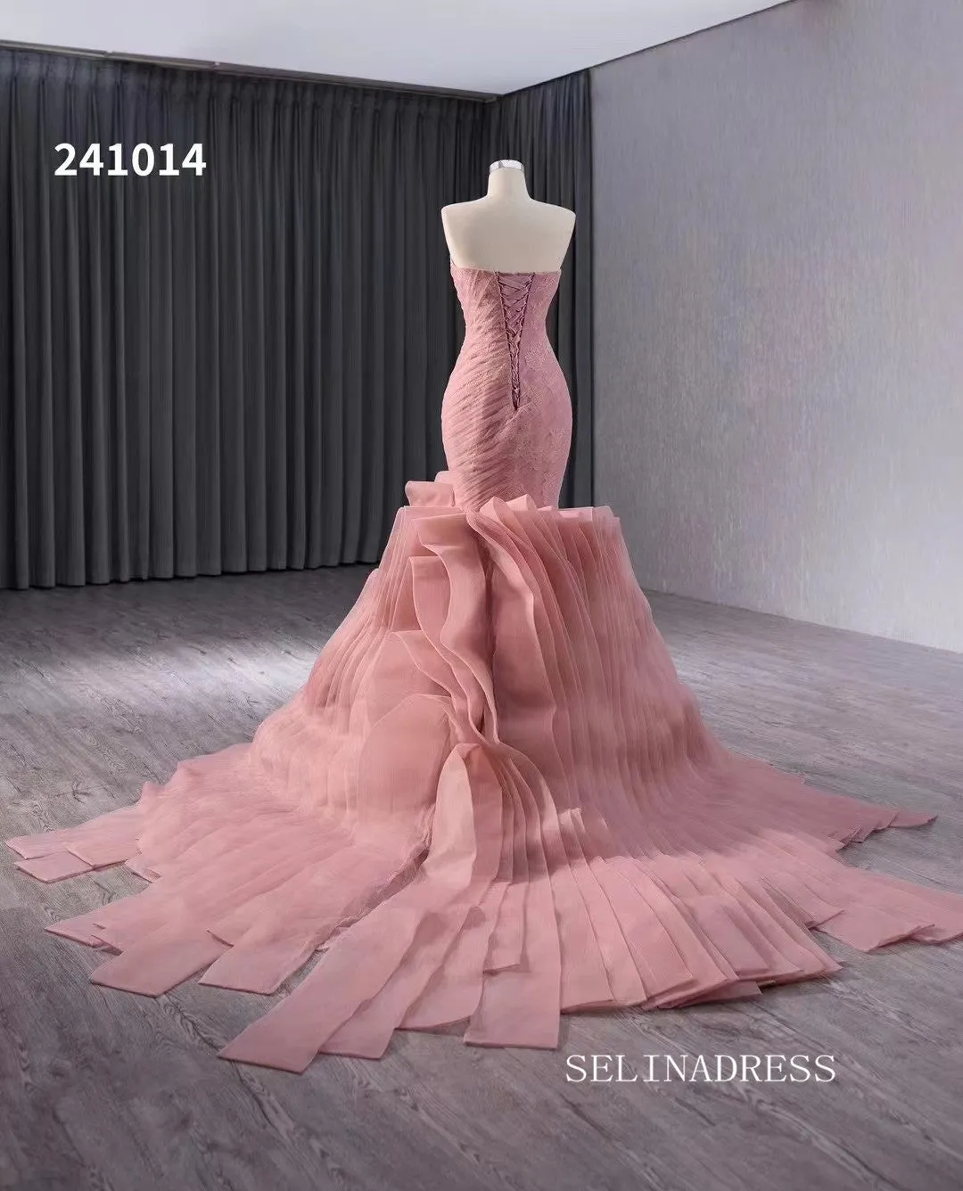 Pink Mermaid Lace Wedding Dresses Tiered Strapless Pageant Dress 241014