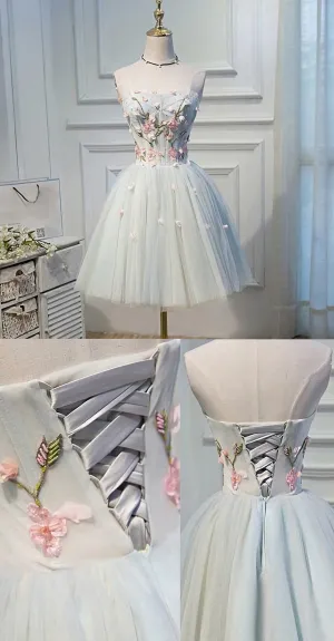 Short Grey Homecoming Prom Dresses With Flower Lace Up Mini Fancy Homecoming Dresses C0102