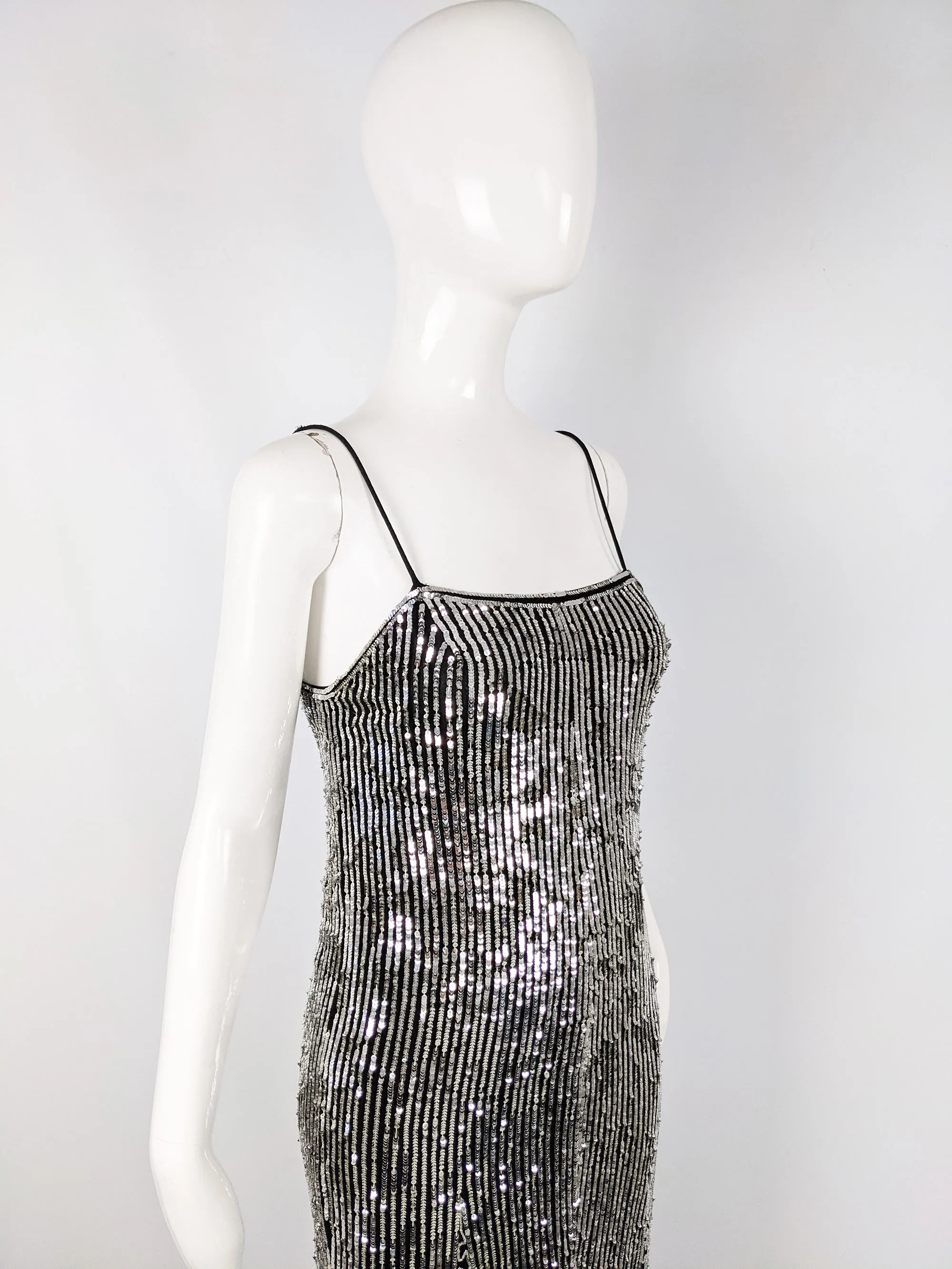 Vintage Black Silk & Silver Sequin Art Deco Party Dress, 1980s