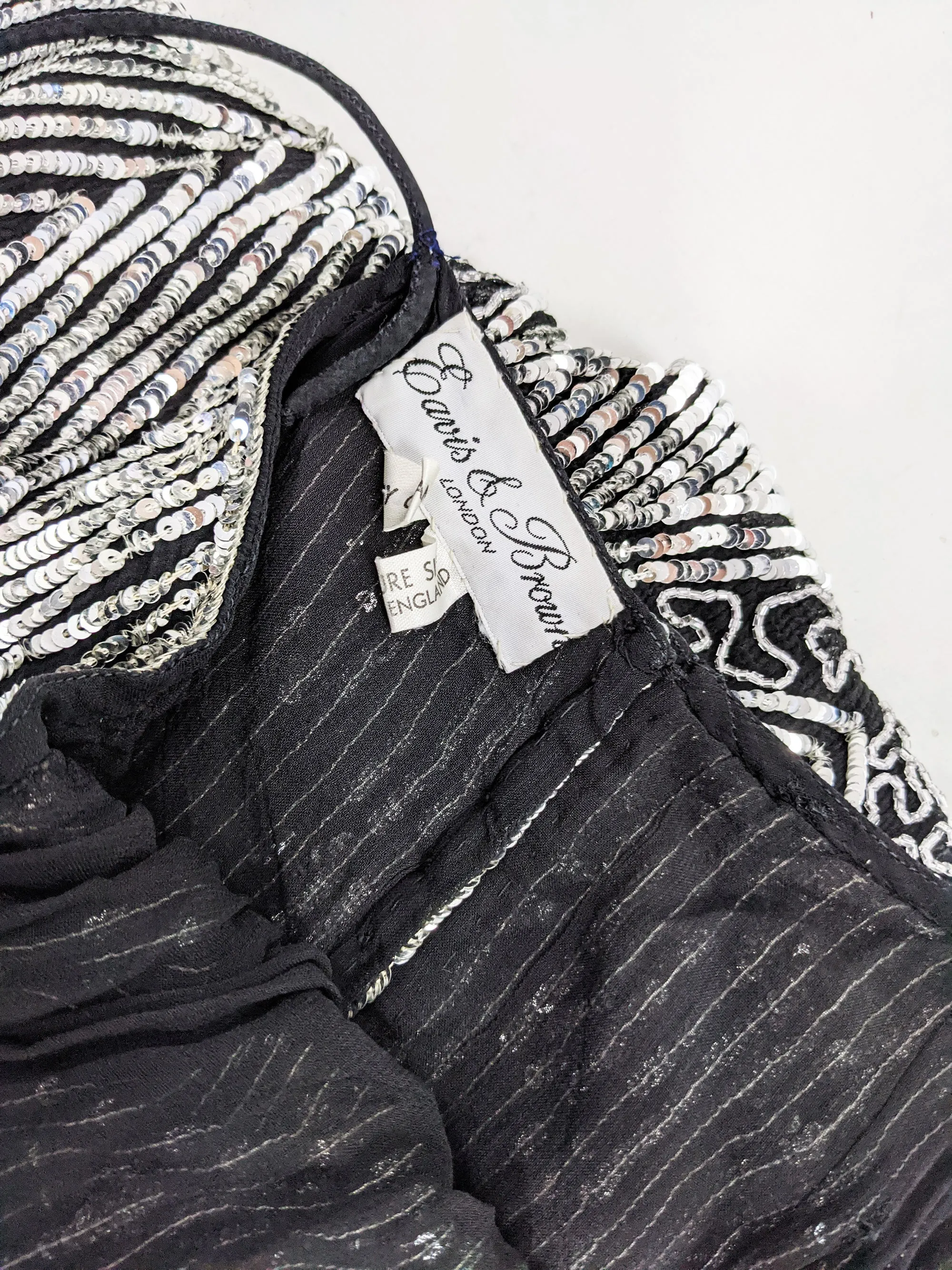 Vintage Black Silk & Silver Sequin Art Deco Party Dress, 1980s