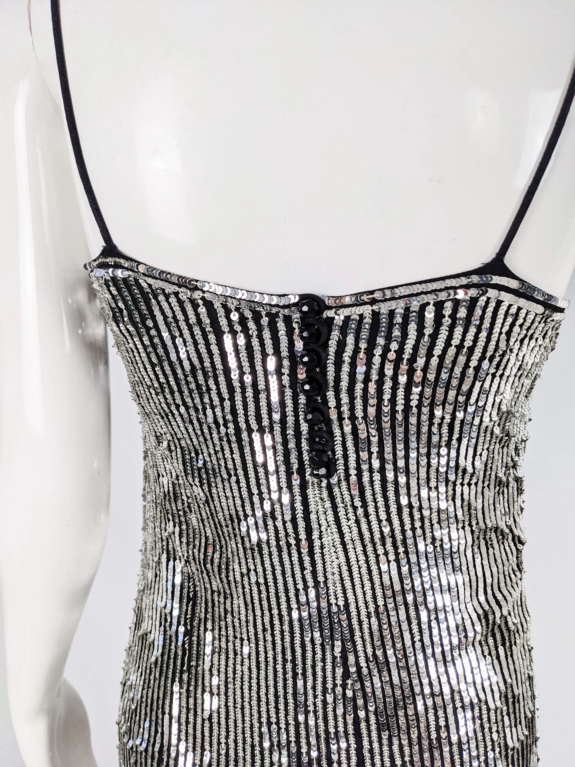 Vintage Black Silk & Silver Sequin Art Deco Party Dress, 1980s