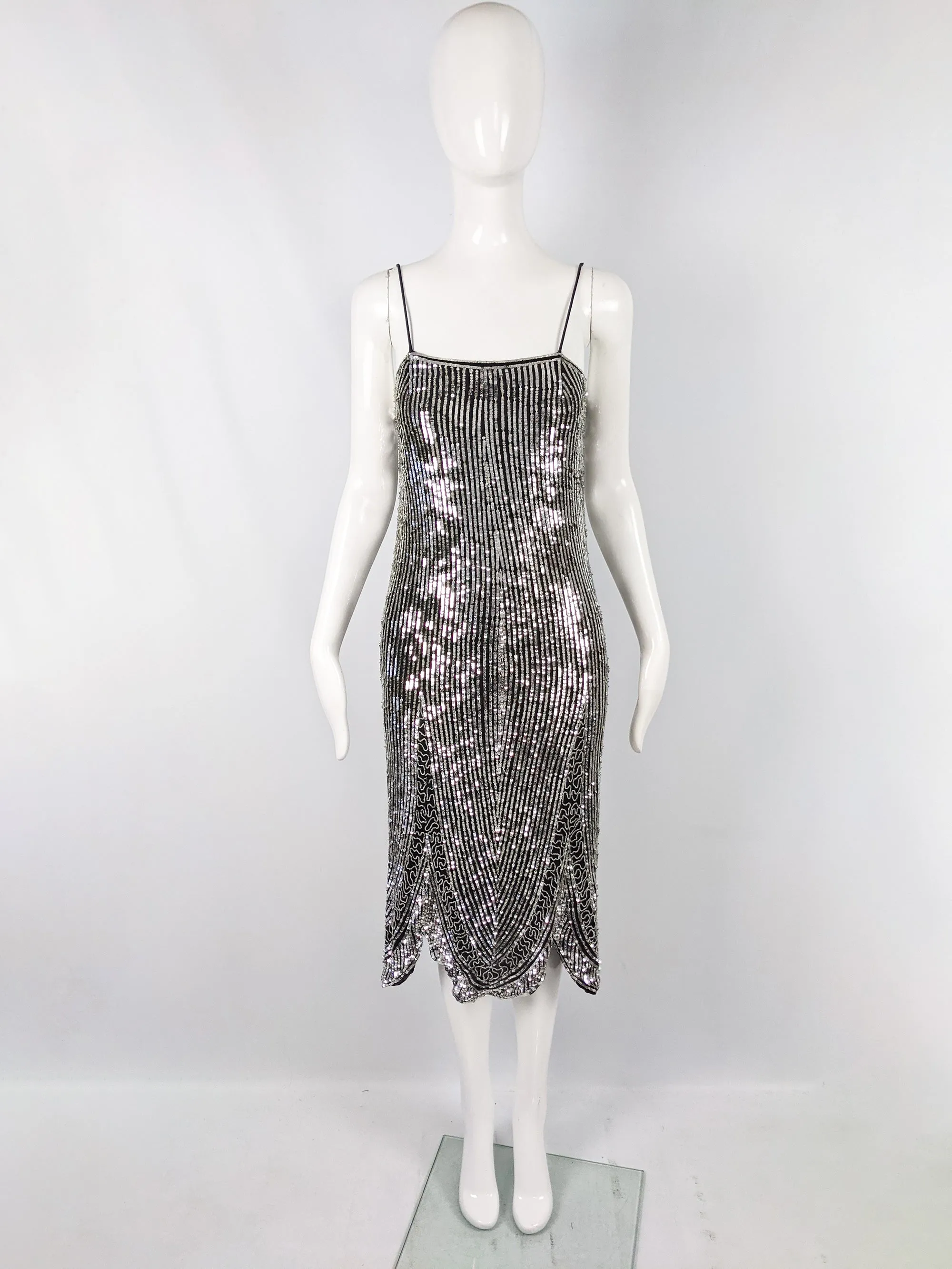 Vintage Black Silk & Silver Sequin Art Deco Party Dress, 1980s