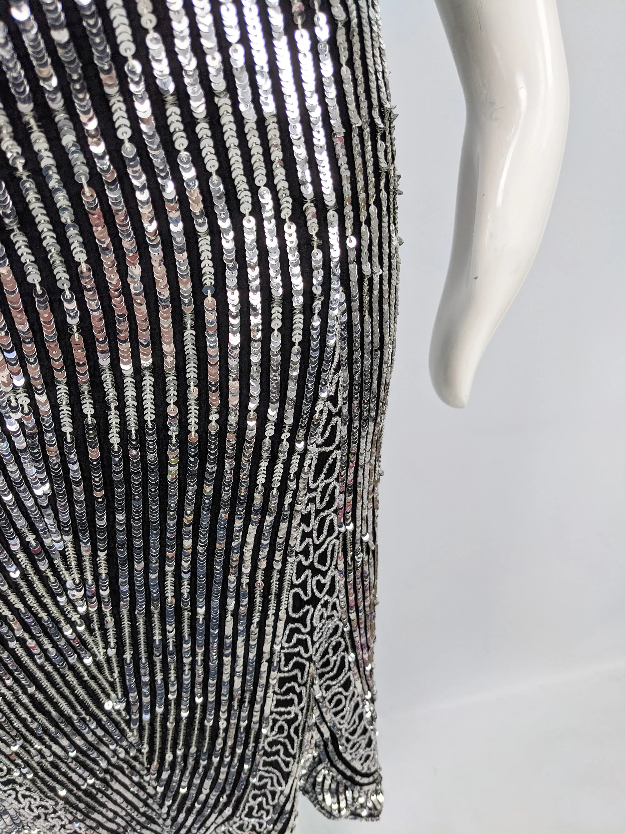 Vintage Black Silk & Silver Sequin Art Deco Party Dress, 1980s