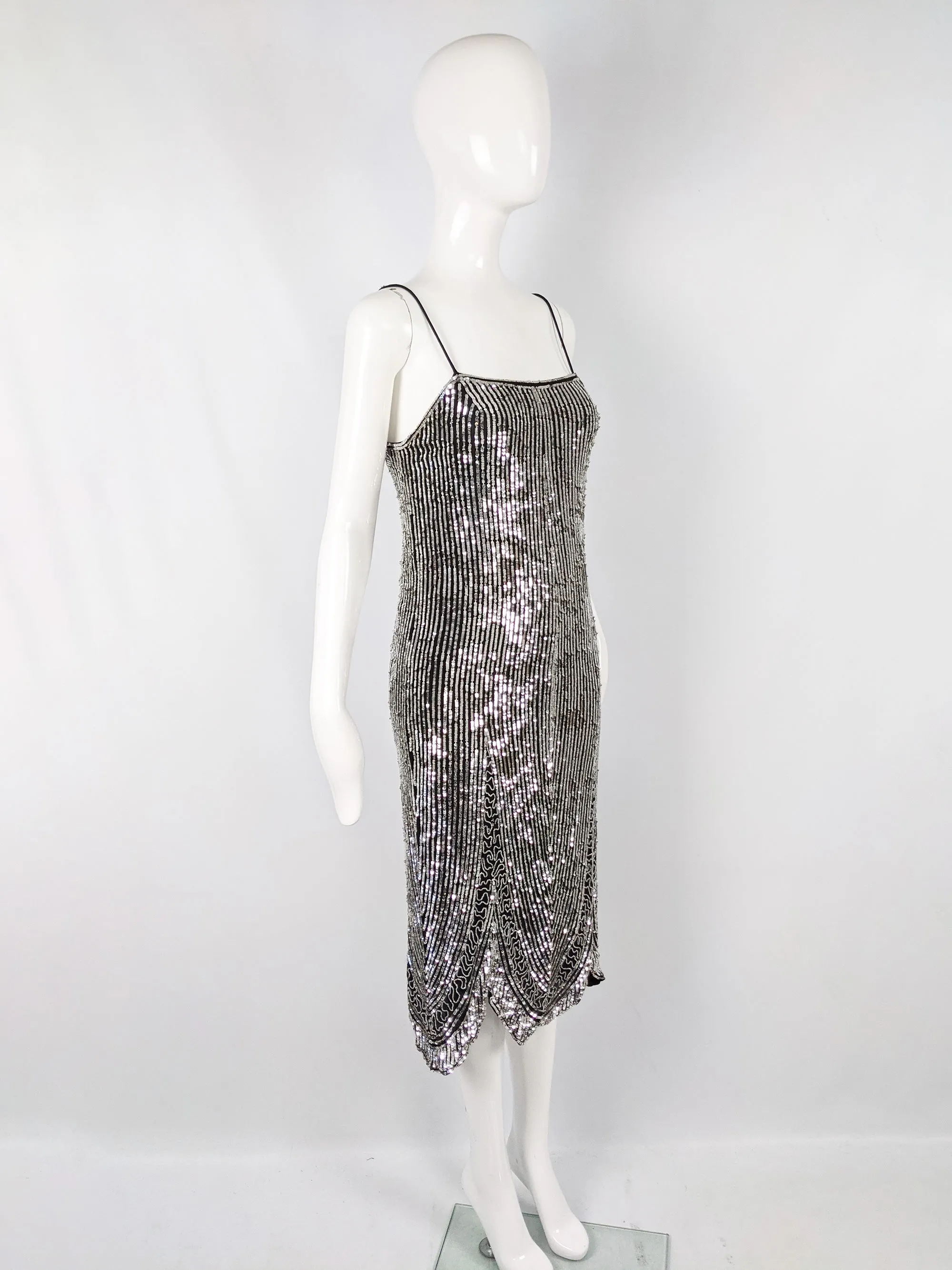 Vintage Black Silk & Silver Sequin Art Deco Party Dress, 1980s