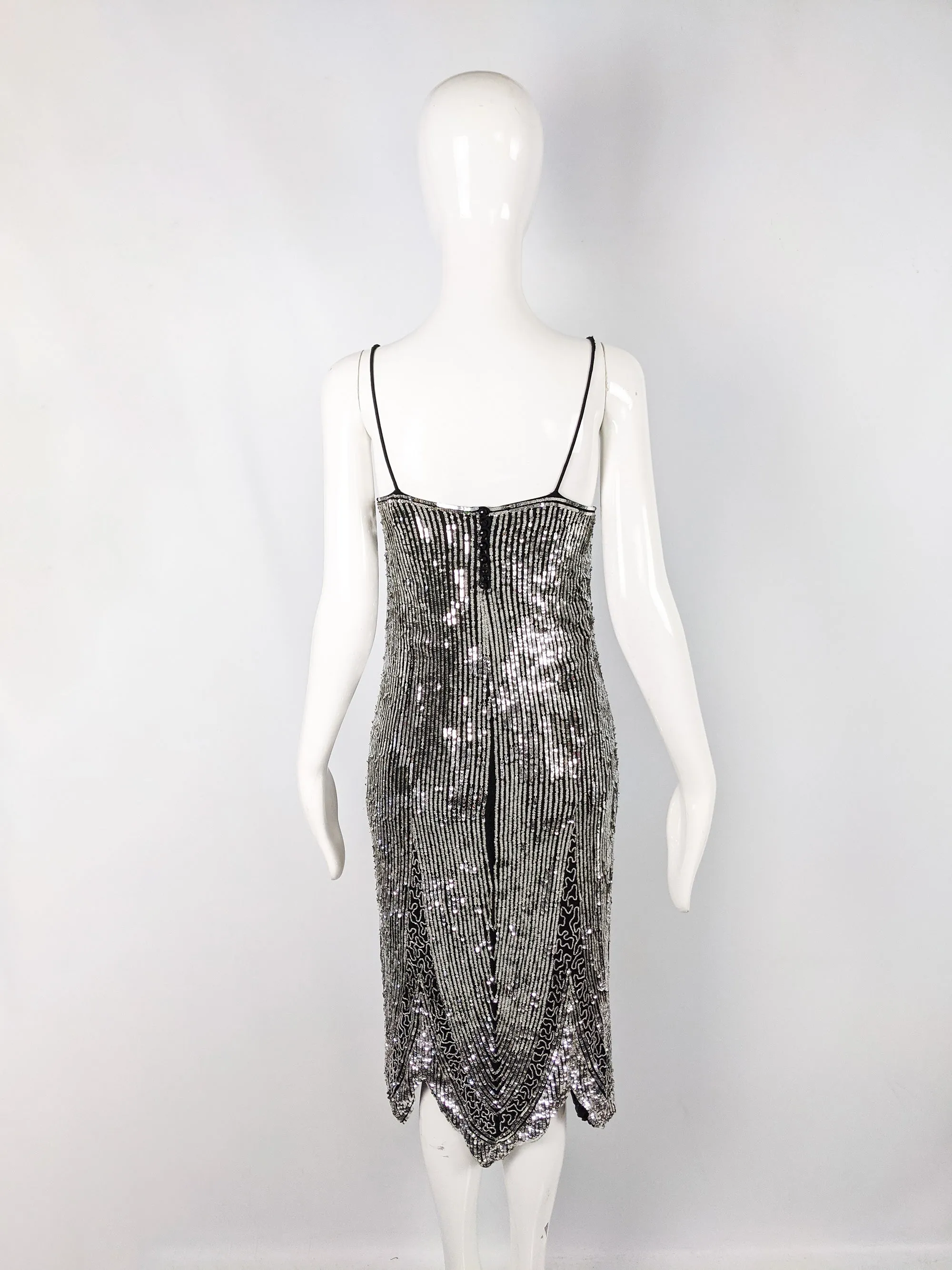 Vintage Black Silk & Silver Sequin Art Deco Party Dress, 1980s