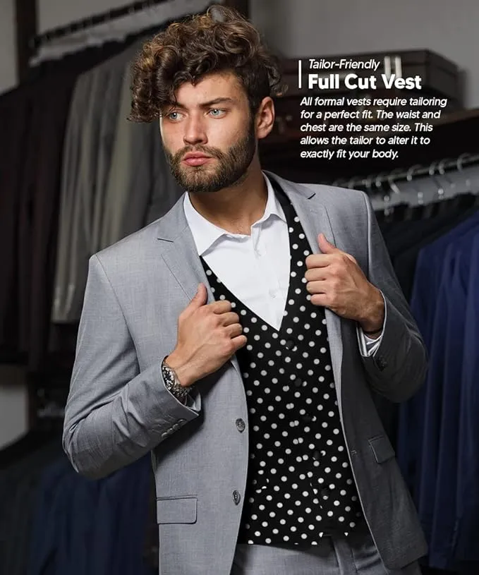 Vittorio Farina Men's White and Black Dot Polka Dot Vest, Necktie, Bow Tie and Pocket Square Set