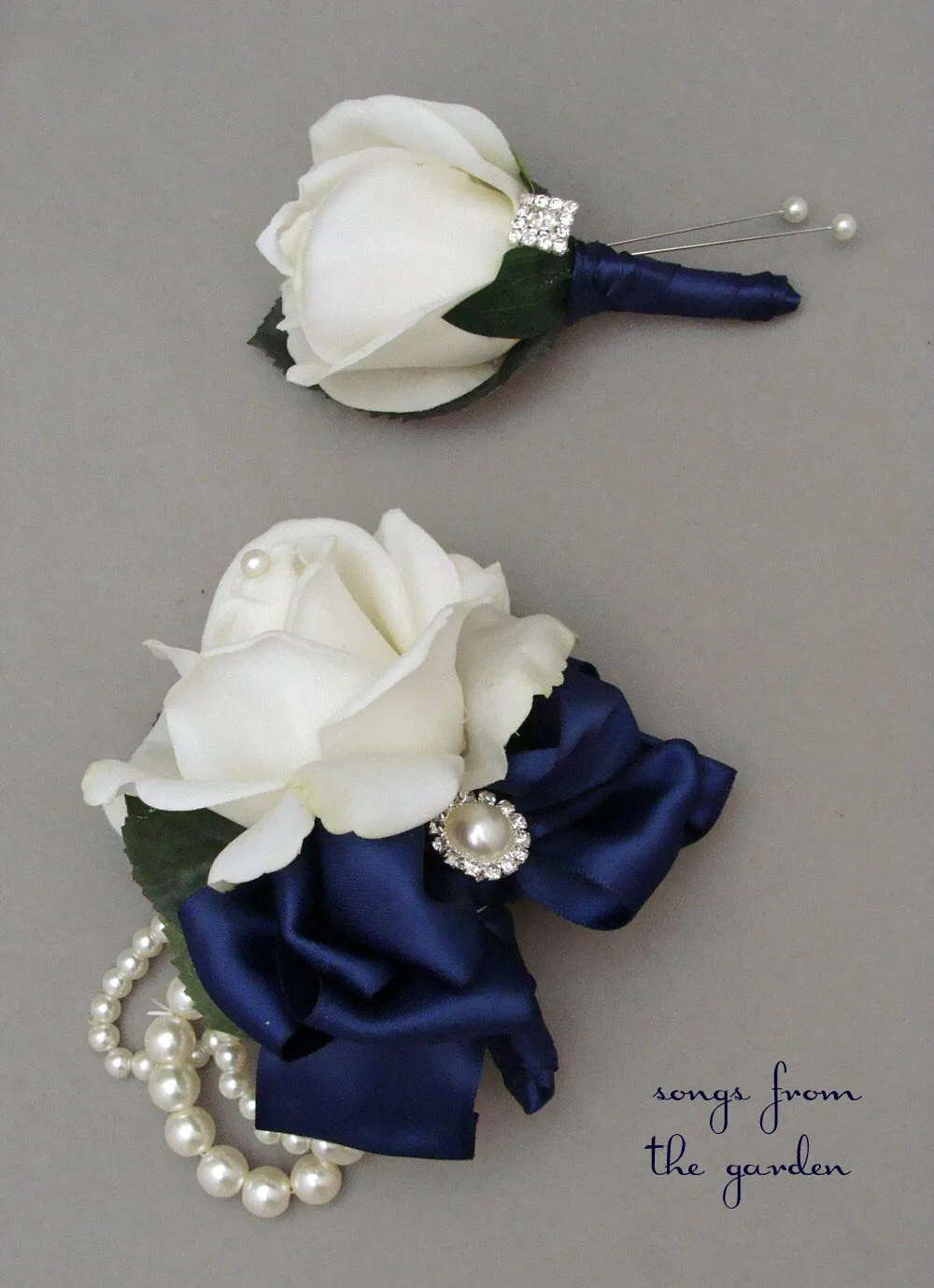 White Navy Real Touch Rose Wedding Boutonniere & Corsage with Rhinestone Pearl Accents - Mother of the Bride Prom Homecoming Corsage