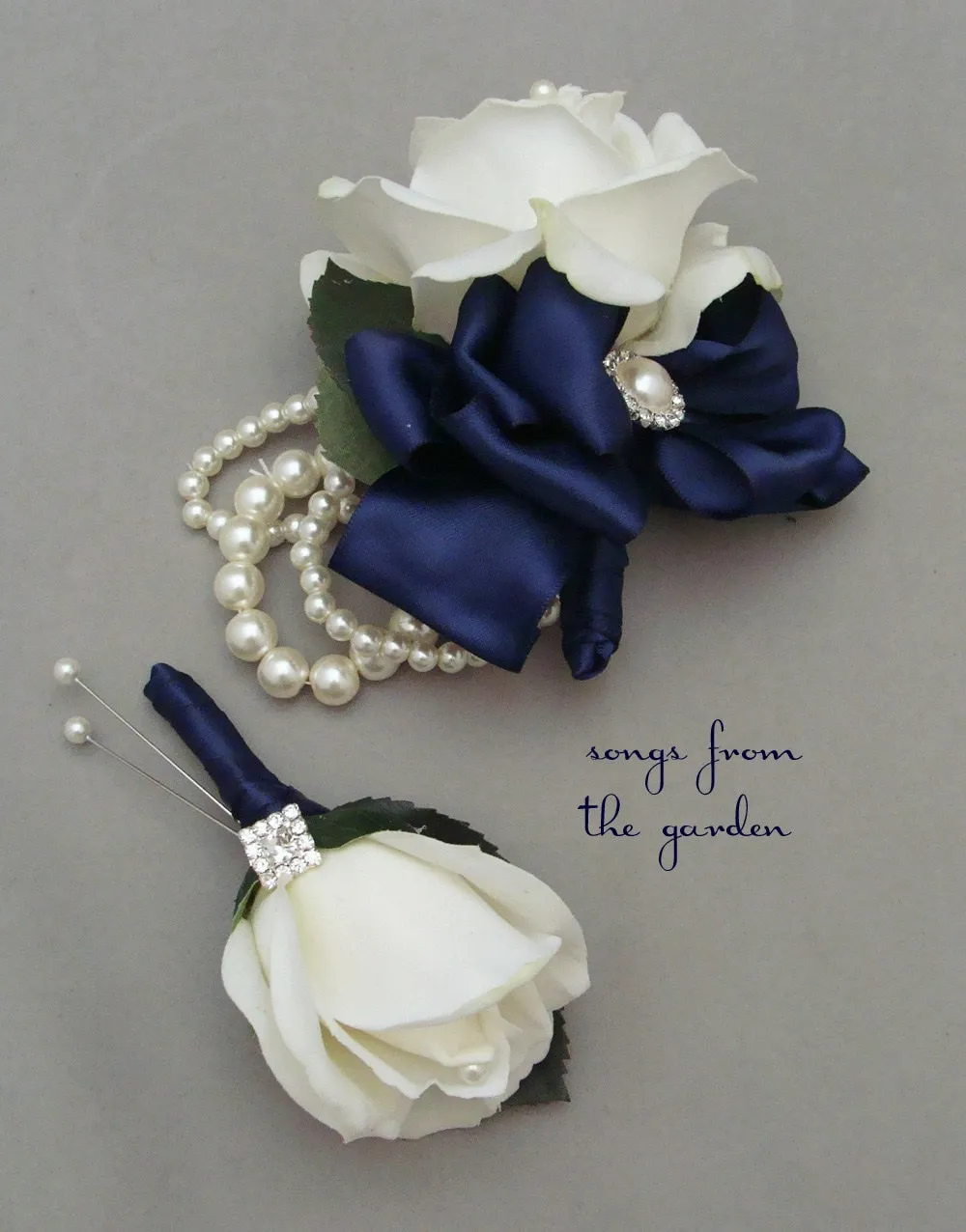 White Navy Real Touch Rose Wedding Boutonniere & Corsage with Rhinestone Pearl Accents - Mother of the Bride Prom Homecoming Corsage