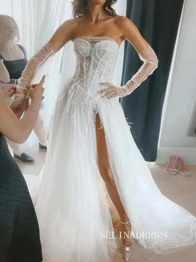 White Strapless Tulle Wedding Dress With Feather Removable Long Sleeve Bridal Gowns TKL3037