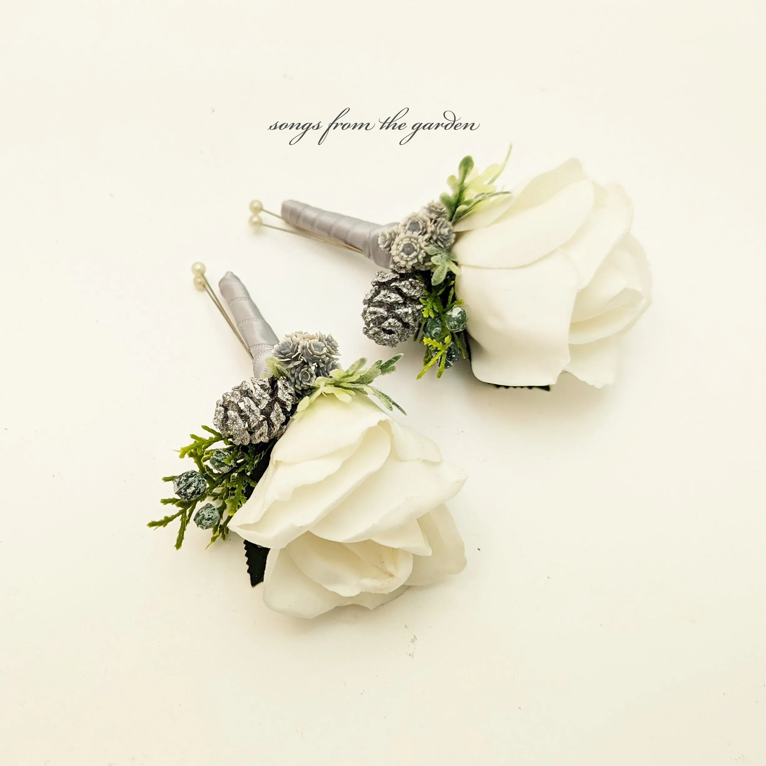 Winter Boutonniere or Corsage  - Silver White Real Touch Rose Pinecone Evergreen Babys Breath Accents - Wedding Prom Homecoming Boutonniere